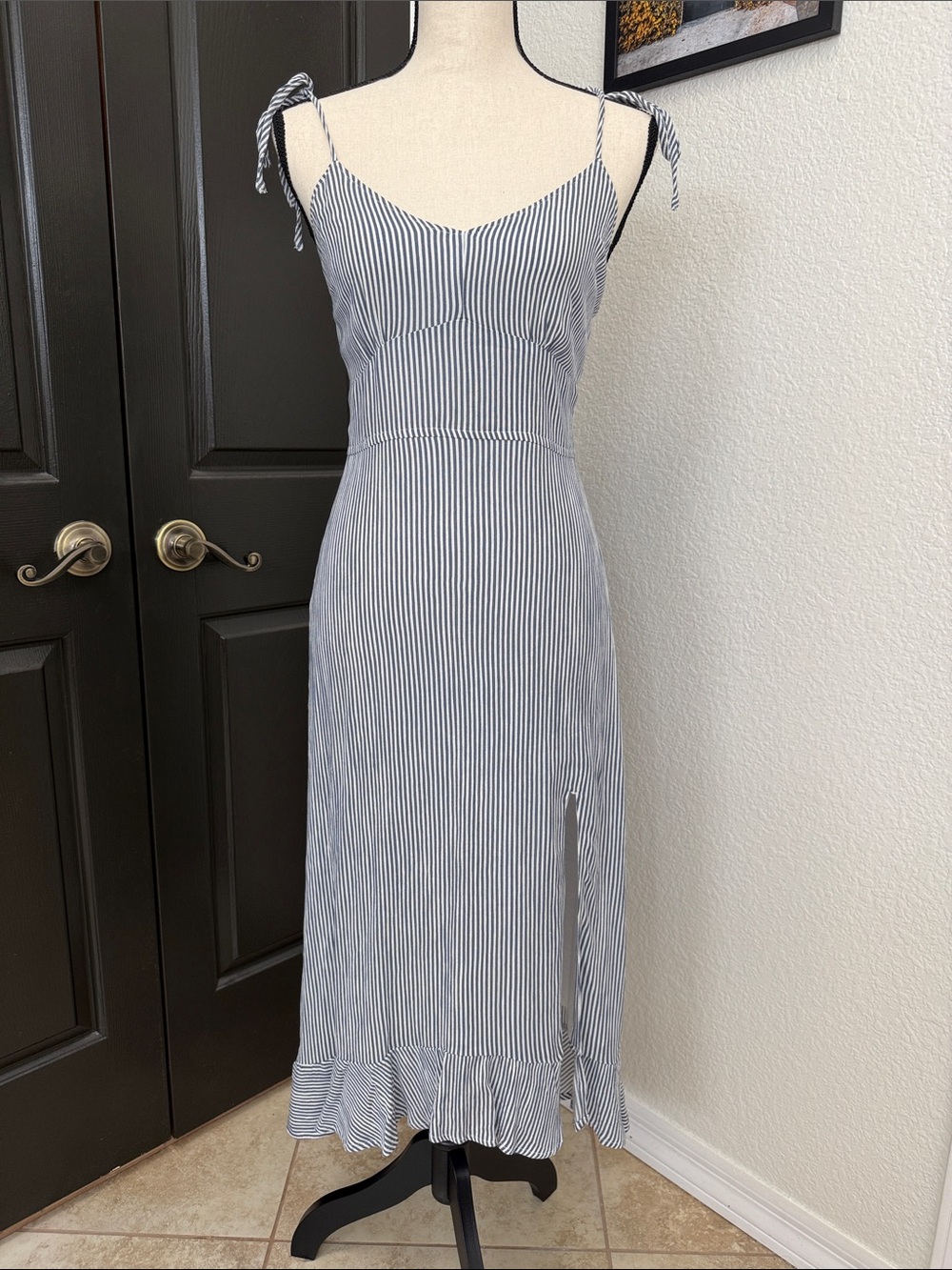 Abercrombie & Fitch Navy and White Striped Tie-Shoulder Midi Dress